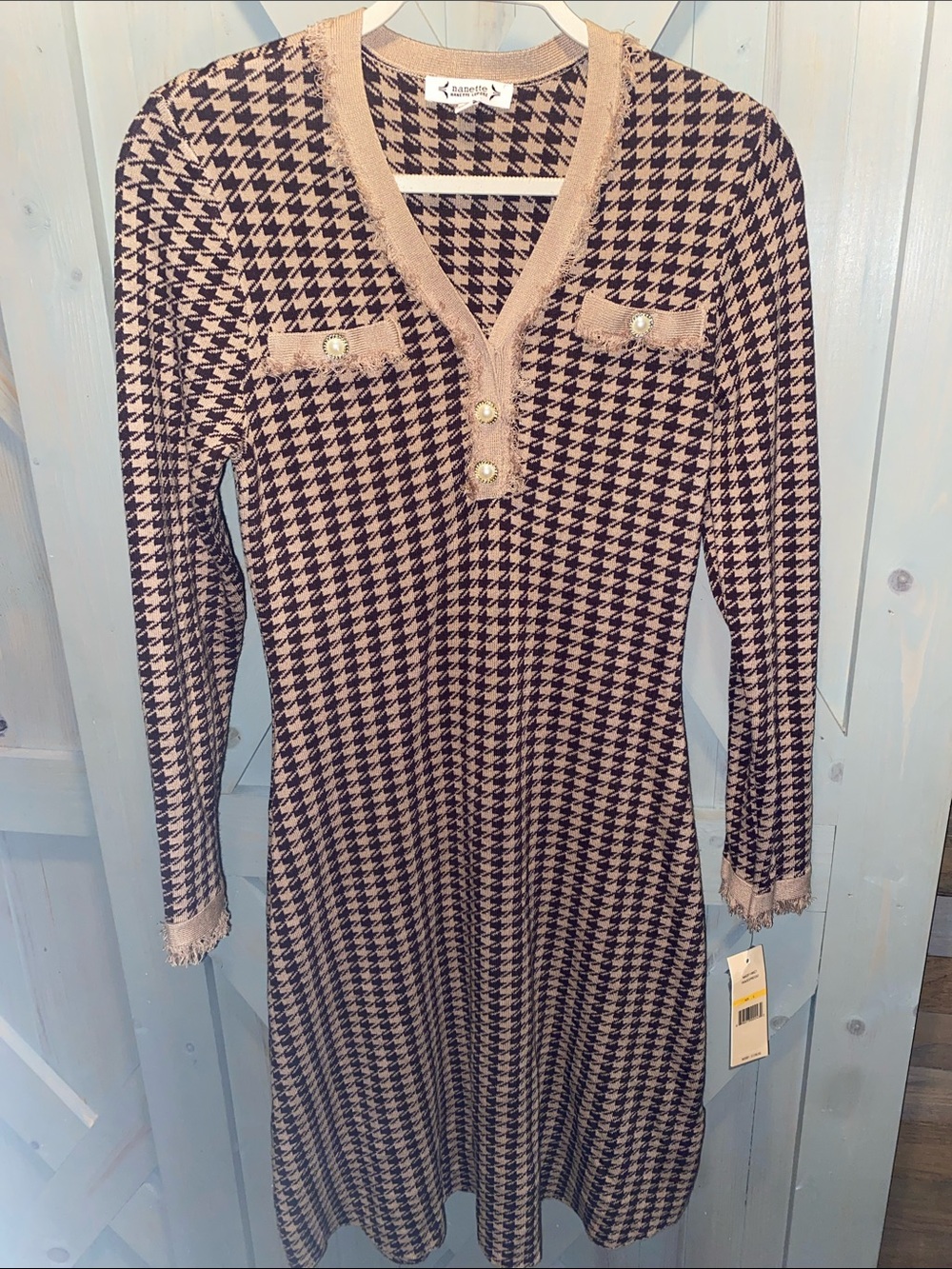 Nanette Lepore espresso and tan Houndstooth Knit Dress with Fringe Trim NWTs